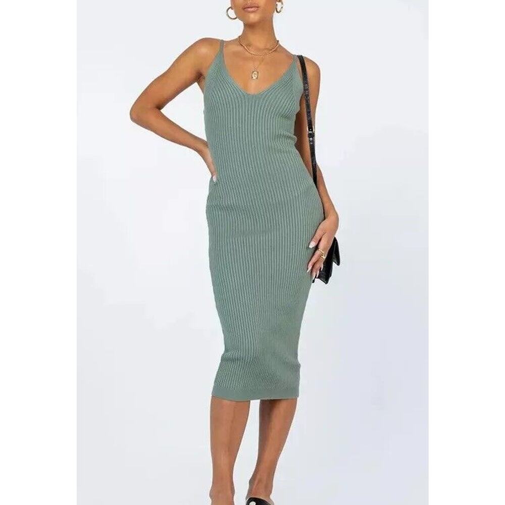 Princess Polly Oxford Green Ribbed Sleeveless Midi Dress Size L/XL FLAWED